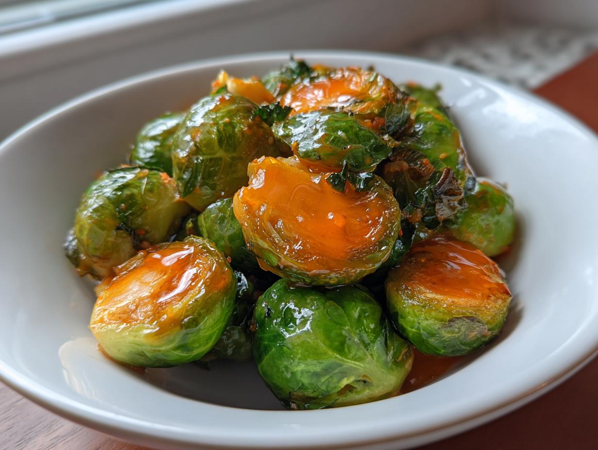 Close-up of vibrant green Orange Maple Glazed Brussels Sprouts coated in a shiny, orange glaze, served in a white bowl.