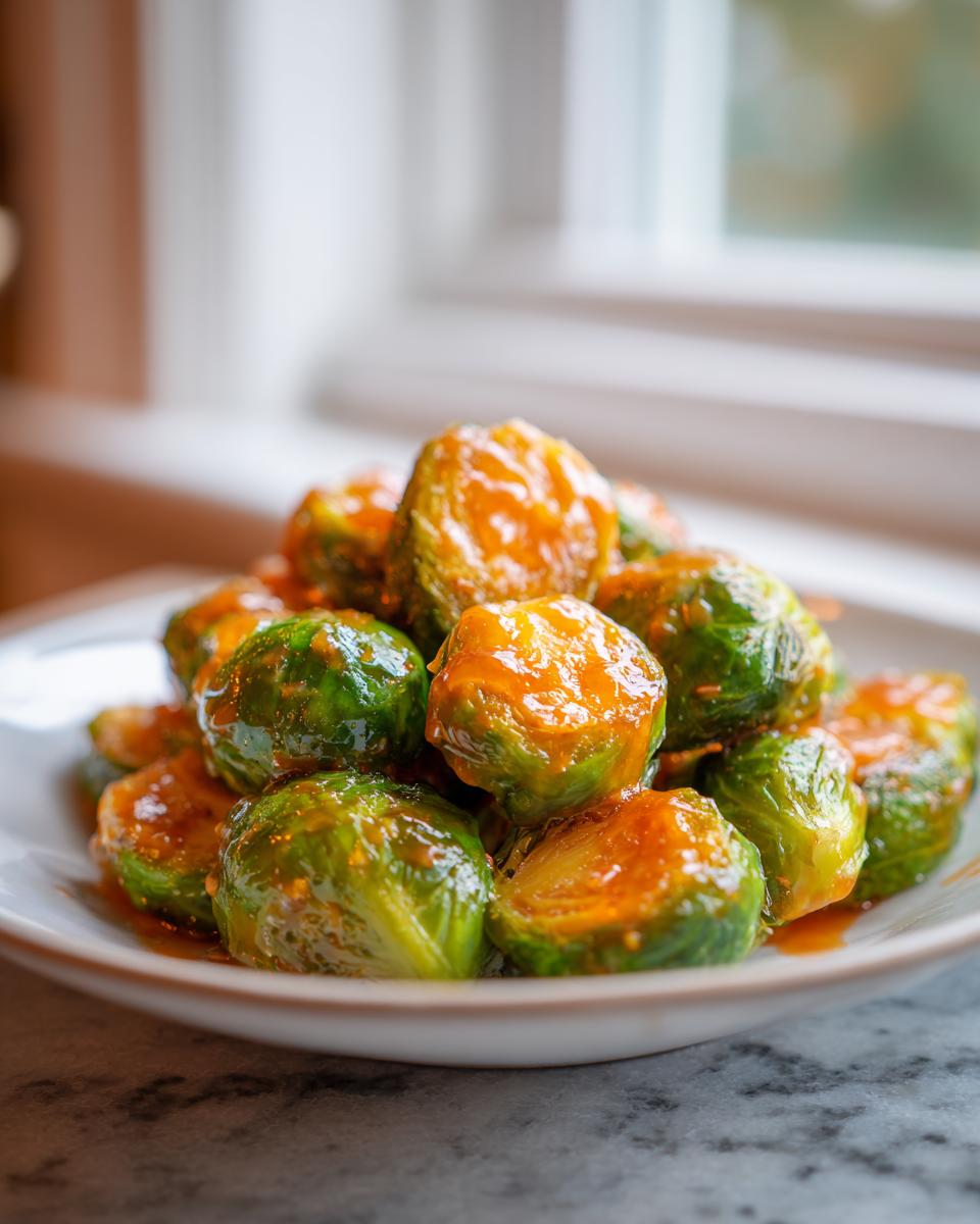 A close-up of bright green Brussels sprouts coated in a shiny Orange Maple Glazed Brussels Sprouts sauce, piled high on a white dish.