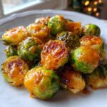 Close-up of roasted Brussels sprouts coated in a shiny Orange Maple Glazed Brussels Sprouts sauce on a white plate.