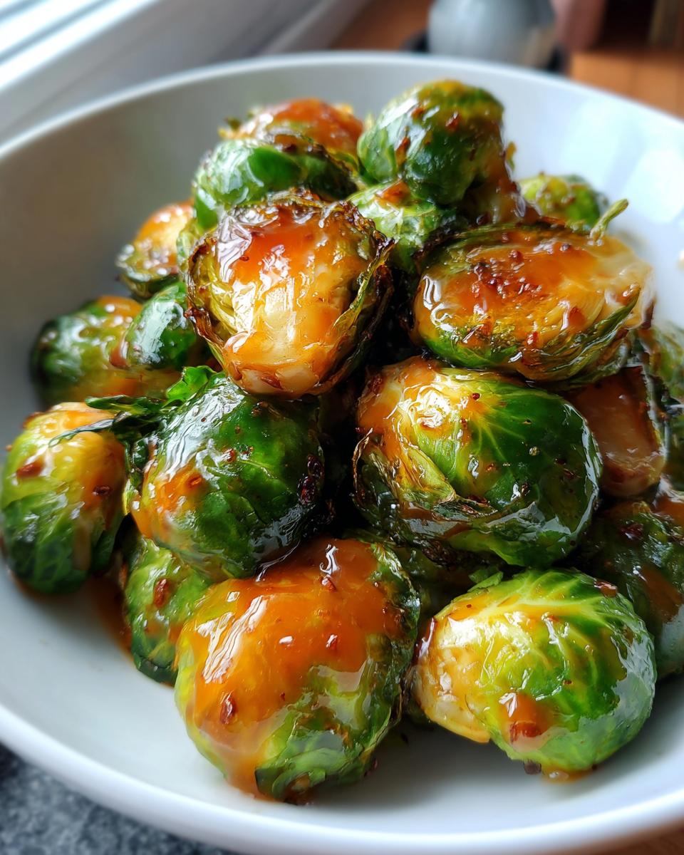 Close-up of roasted Brussels sprouts coated in a shiny Orange Maple Glazed Brussels Sprouts sauce in a white bowl.