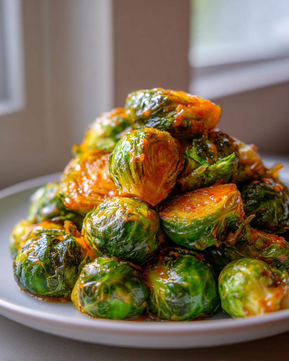 A close-up stack of vibrant green Orange Maple Glazed Brussels Sprouts coated in a shiny, orange-tinted glaze.