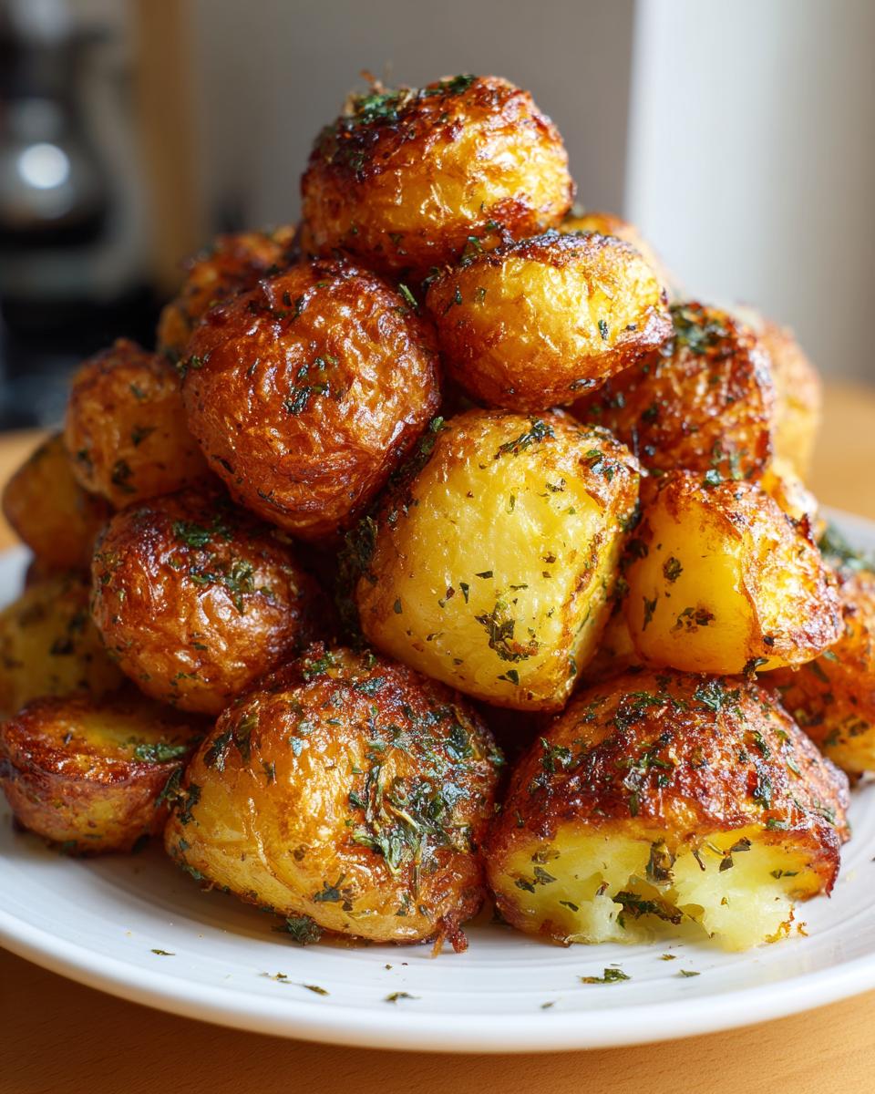 A mound of golden brown, crispy oven roasted potatoes seasoned with green herbs on a white plate.