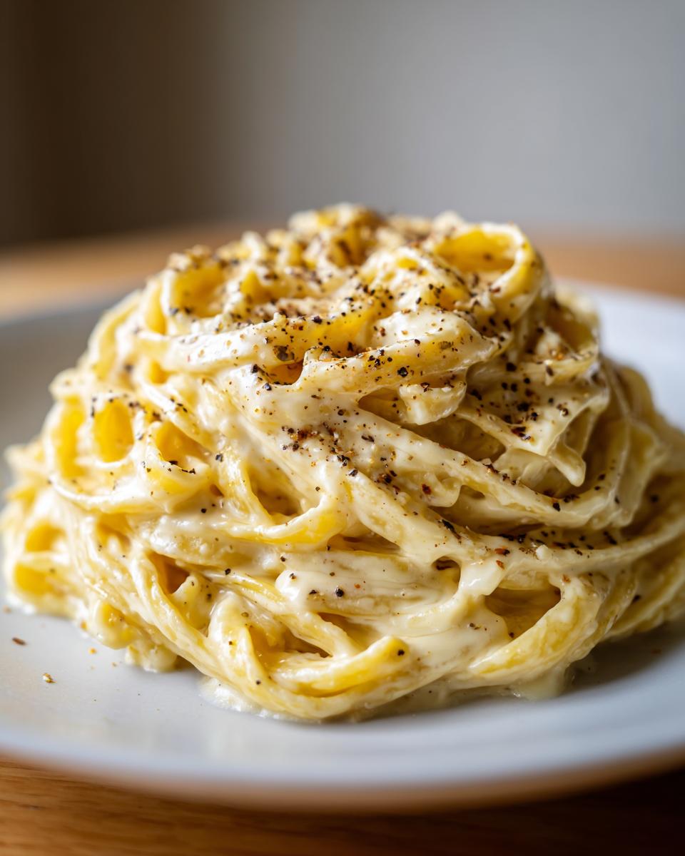 Close-up of pasta coated in creamy brown butter alfredo sauce and topped with cracked black pepper.