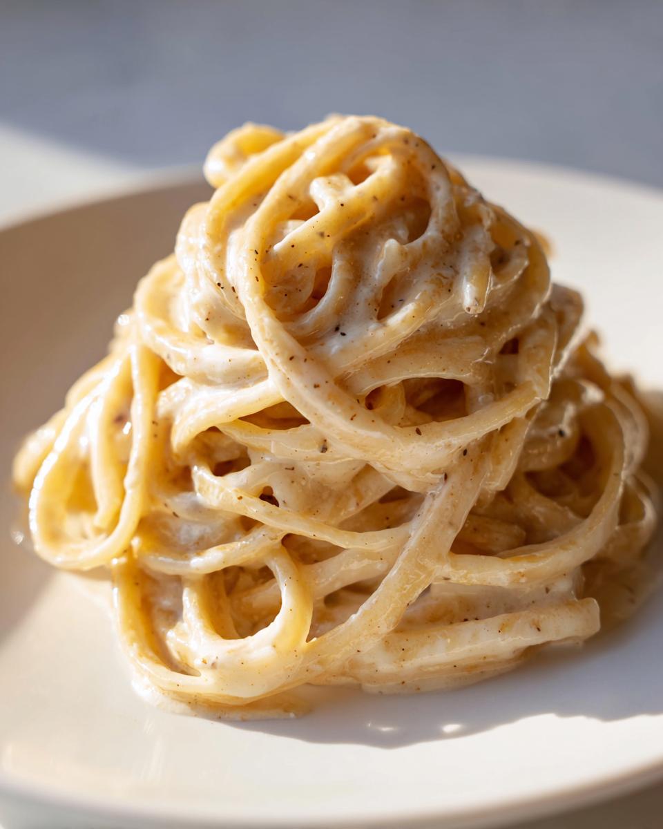 Close-up of perfectly twirled pasta coated in creamy brown butter alfredo sauce, seasoned with pepper.