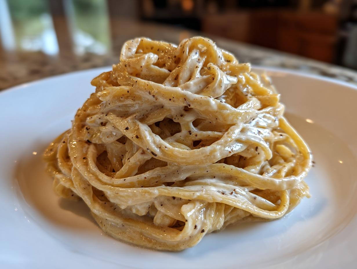 A swirl of fettuccine pasta generously coated in creamy brown butter alfredo sauce and sprinkled with black pepper.