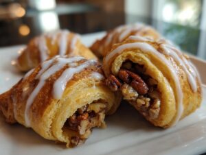 Close-up of one of the pecan pie crescents cut open, showing the rich pecan filling and white icing drizzle.