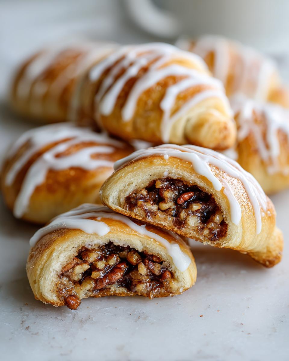 Close-up of pecan pie crescents, one cut in half showing the rich pecan filling, drizzled with white icing.