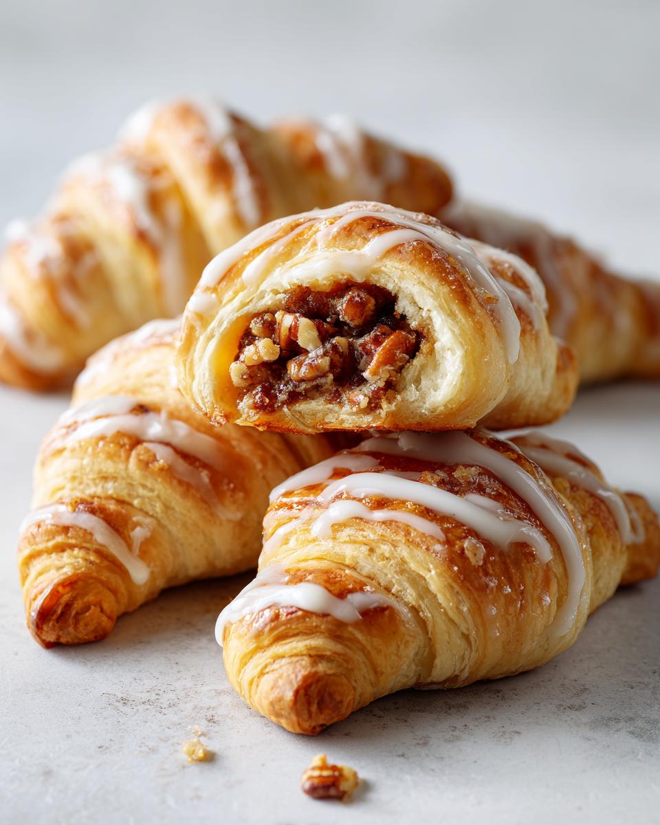 Close-up of glazed pecan pie crescents, one cut open revealing the pecan filling.