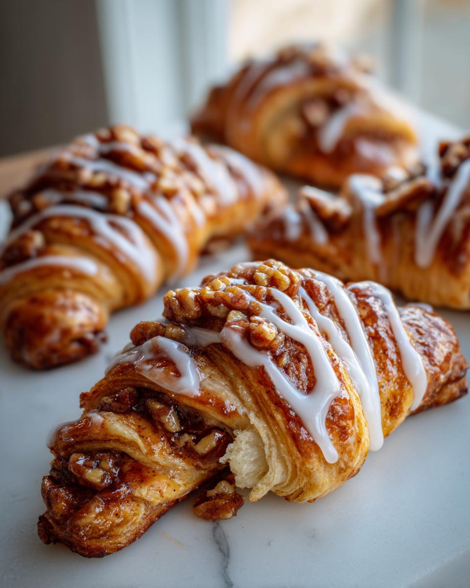 A flaky, golden-brown pecan pie crescent pastry drizzled with white icing, with more pastries blurred in the background.