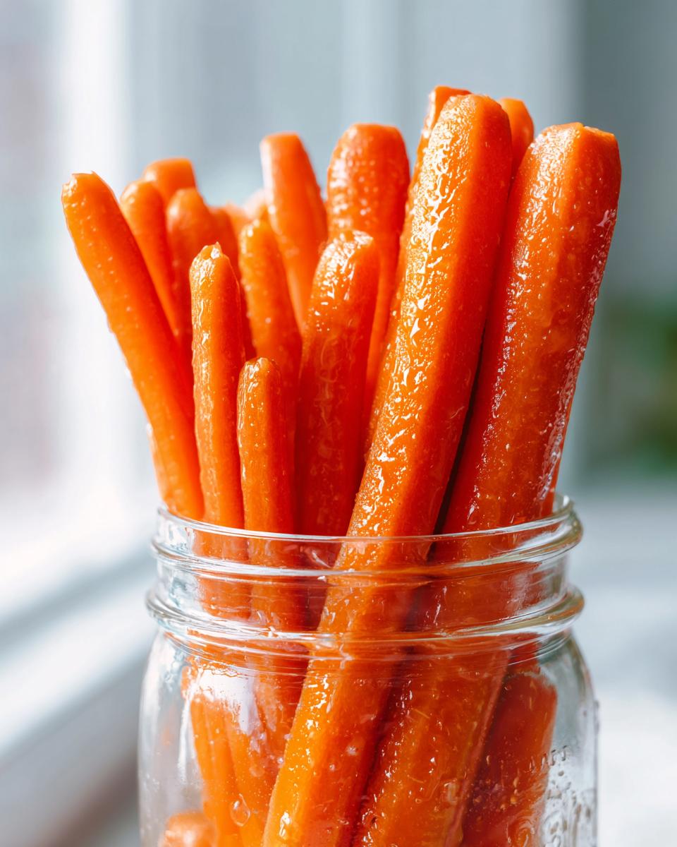 Close-up of bright orange pickled carrots standing upright in a clear glass mason jar.