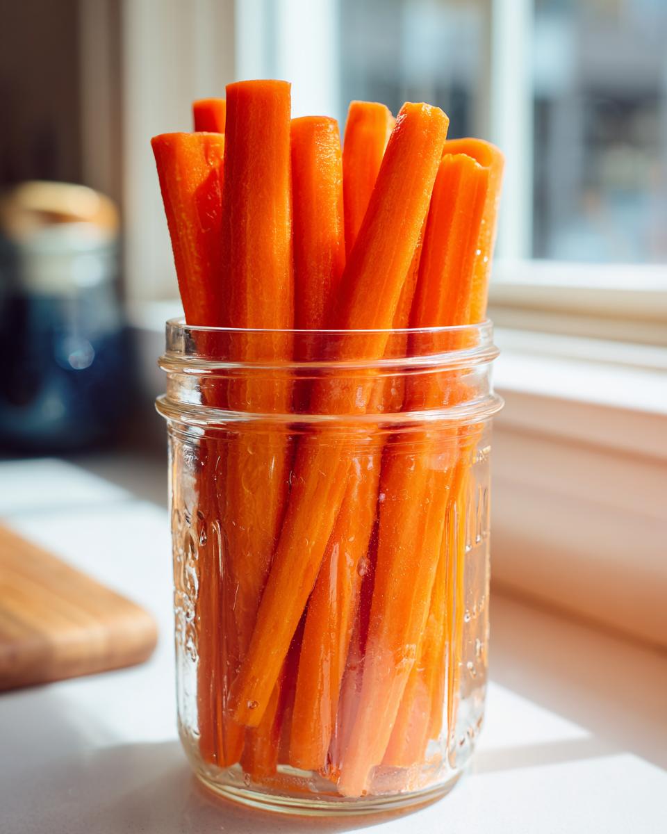 Close-up of bright orange carrot sticks packed vertically into a clear glass jar, ready to be pickled carrots.
