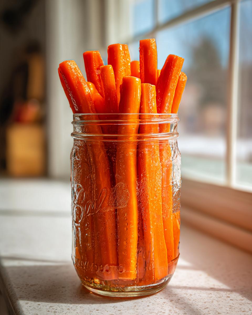 Bright orange pickled carrots standing upright in a clear Ball mason jar, glistening with brine.