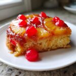 A close-up of a moist slice of pineapple upside down cake topped with caramelized pineapple rings and bright red maraschino cherries.