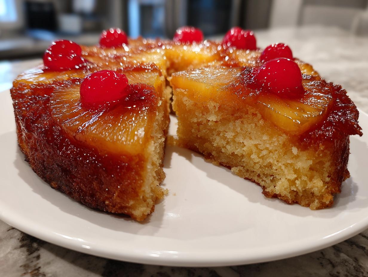 A moist slice cut from a pineapple upside down cake, topped with caramelized pineapple rings and bright red maraschino cherries.