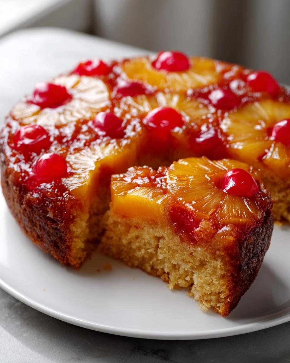 A slice is cut from a golden, moist pineapple upside down cake topped with caramelized pineapple rings and maraschino cherries.