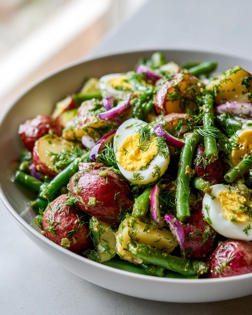 Close-up of a vibrant potato and green bean salad featuring red potatoes, green beans, sliced hard-boiled eggs, and red onion.