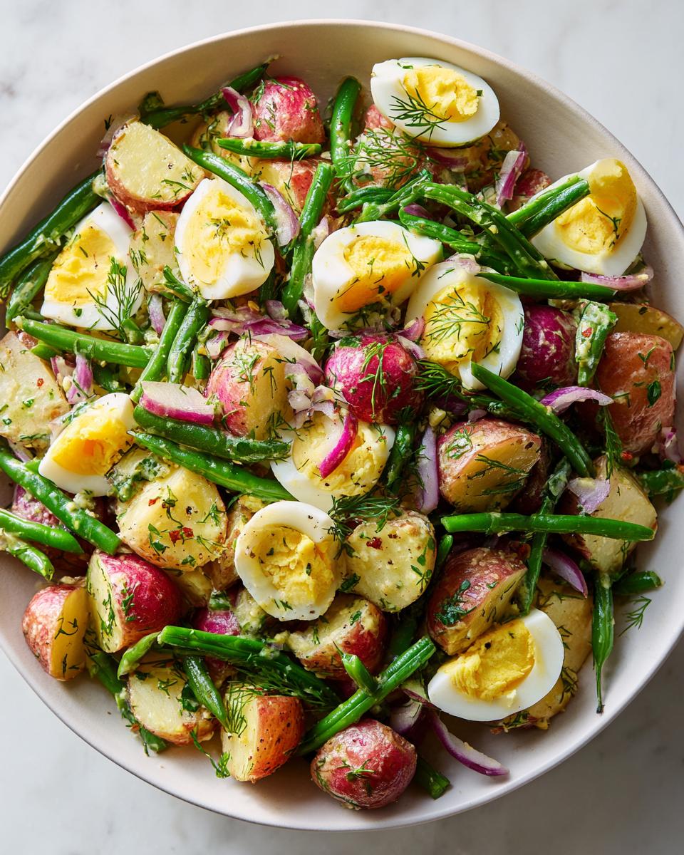 Close-up overhead view of a vibrant potato and green bean salad mixed with red onion, dill, and hard-boiled egg wedges.
