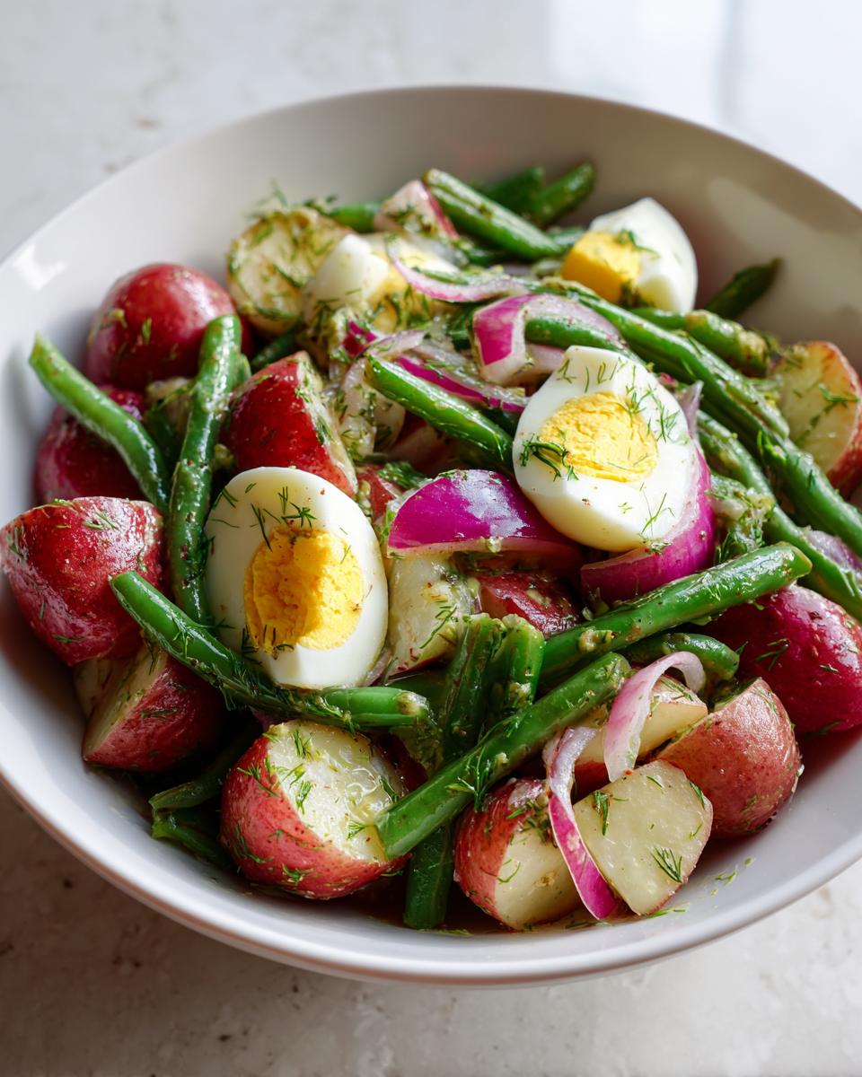 A close-up of a bowl filled with potato and green bean salad, featuring red potatoes, green beans, red onion, and sliced hard-boiled eggs.