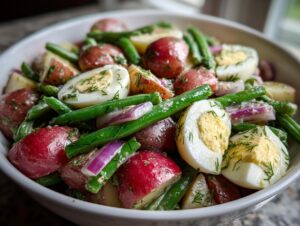 Close-up of a vibrant potato and green bean salad featuring red potatoes, green beans, hard-boiled eggs, and red onion, topped with dill.