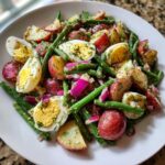 A close-up of a vibrant potato and green bean salad featuring red potatoes, green beans, hard-boiled eggs, and red onion.