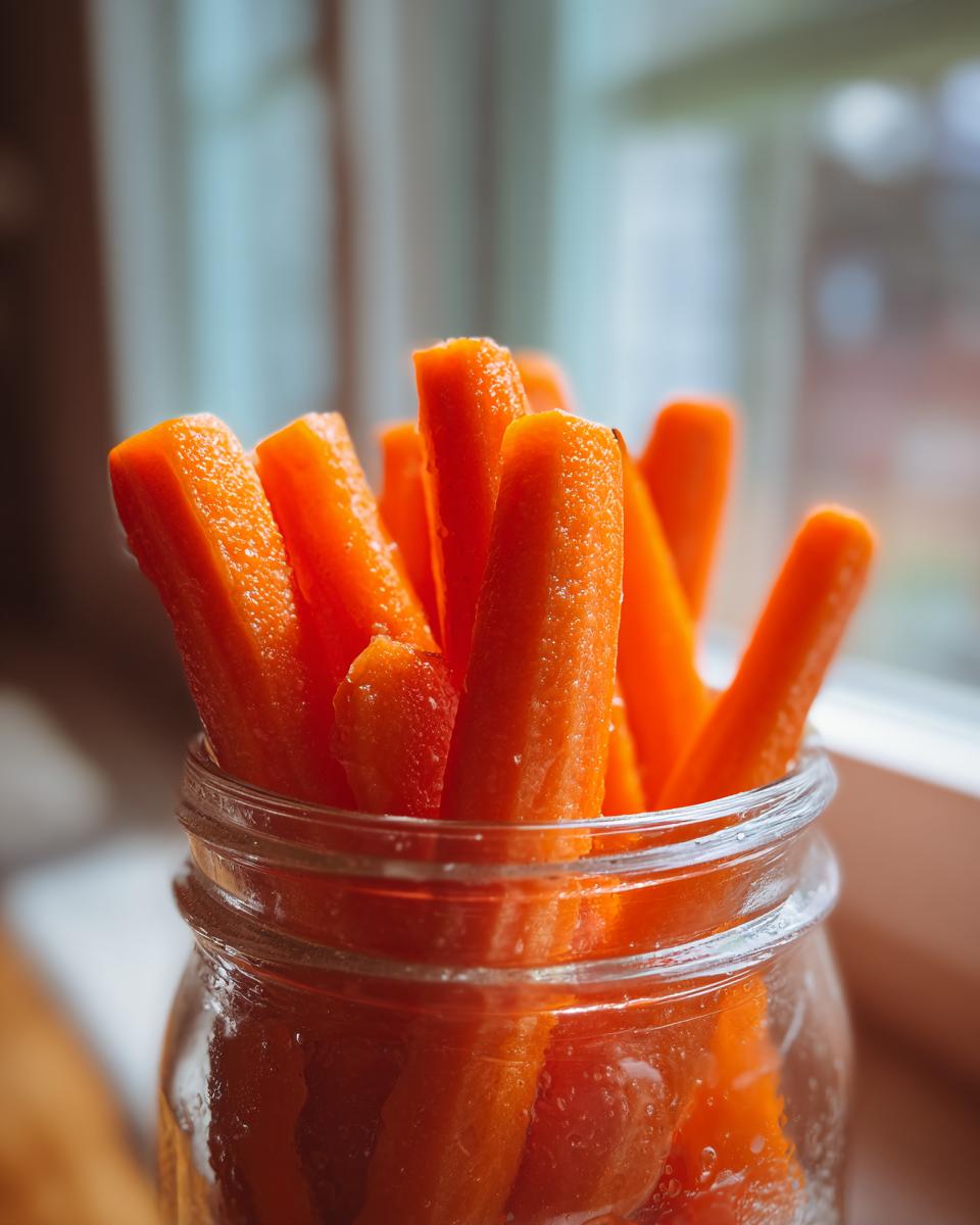 Close-up of bright orange carrot sticks packed vertically in a small glass jar, likely pickled carrots.