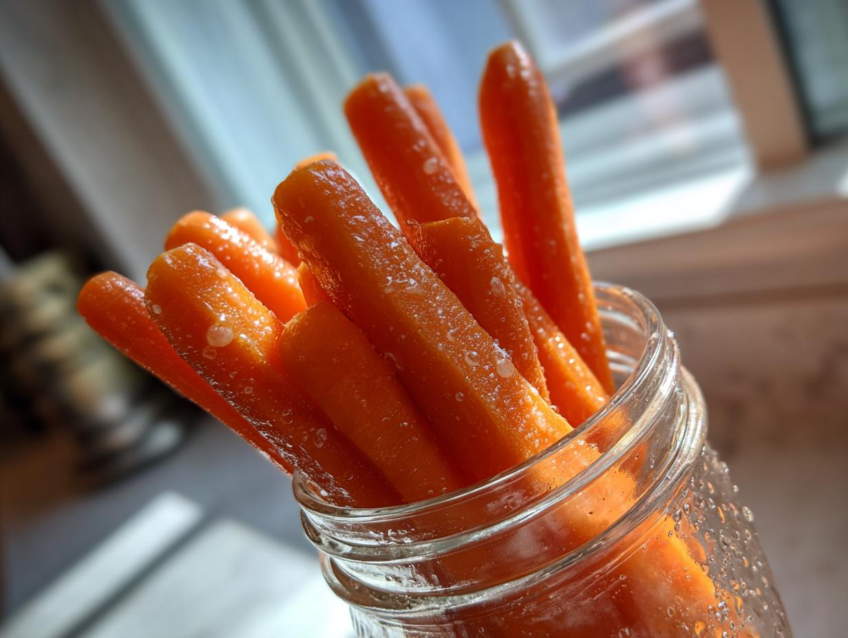 Close-up of bright orange pickled carrots sticks standing upright in a clear glass jar, glistening with brine droplets.