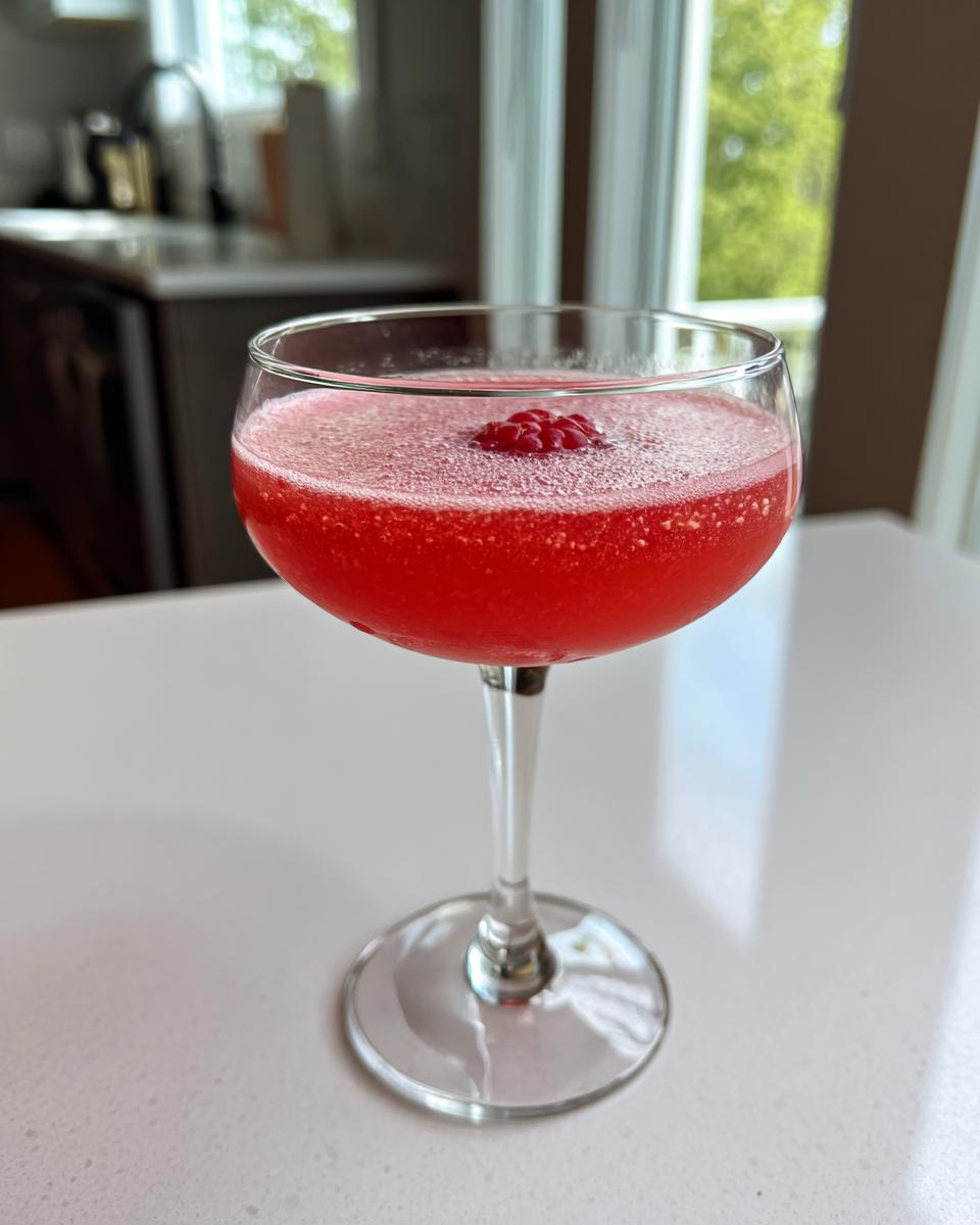A vibrant red raspberry honey lemon daiquiri garnished with a single raspberry in a coupe glass.