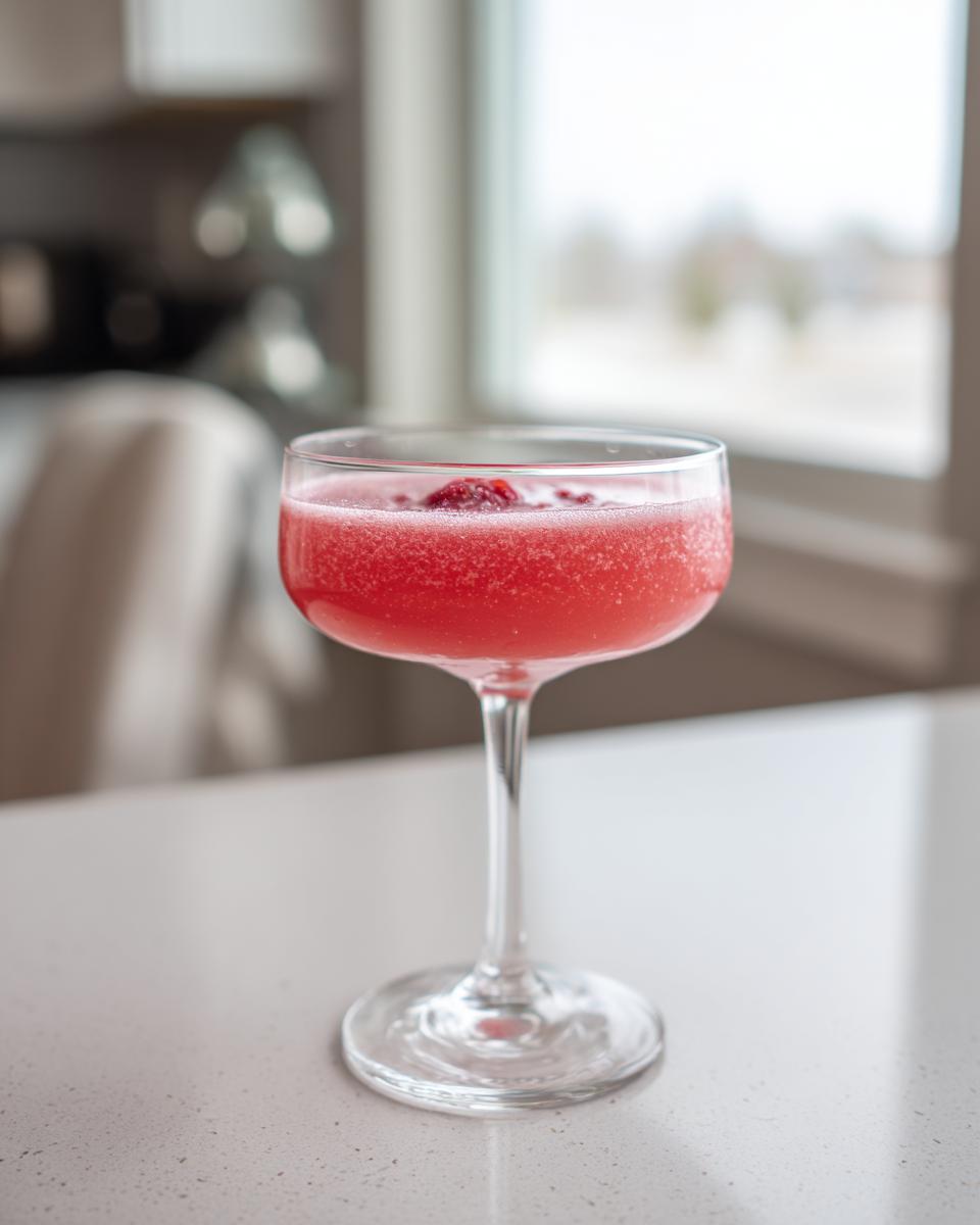 A vibrant, bright pink raspberry honey lemon daiquiri served in a coupe glass on a light countertop.