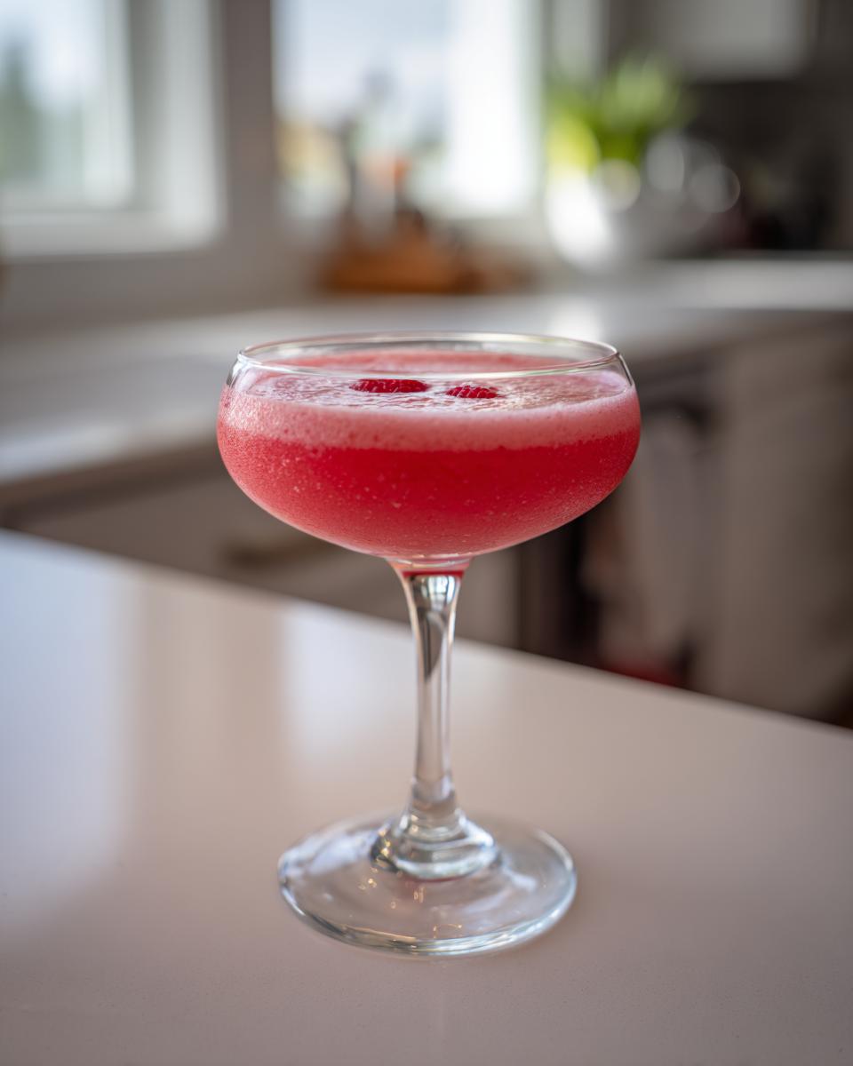 A vibrant, icy raspberry honey lemon daiquiri garnished with two fresh raspberries in a stemmed coupe glass.
