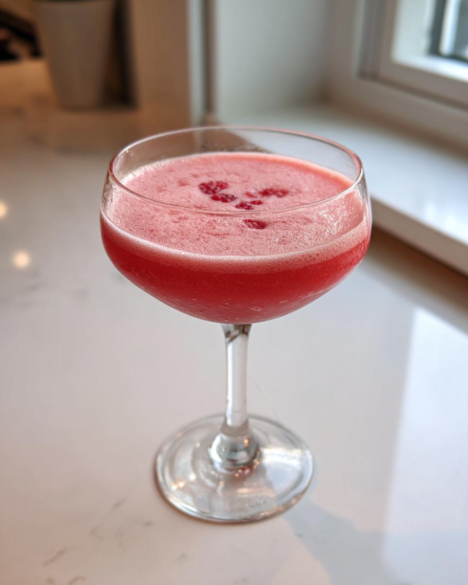 A bright pink raspberry honey lemon daiquiri served in a coupe glass, garnished with small raspberries.