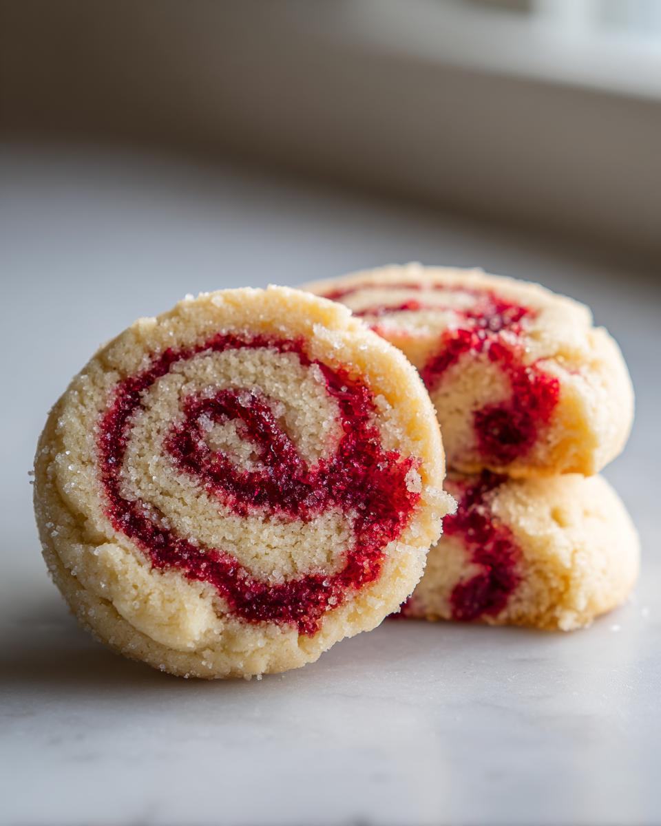 Close-up of three raspberry swirl cookies stacked, showing the bright red jam spiral inside the shortbread and sugar coating.