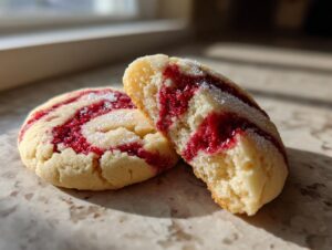 Two delicious raspberry swirl cookies, one broken in half to show the bright red jam filling inside the buttery dough.