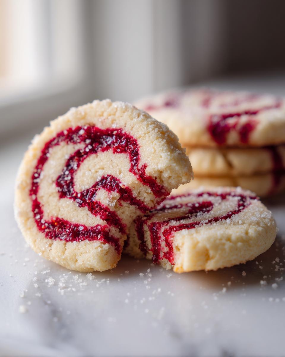Close-up of a raspberry swirl cookies slice showing the vibrant red jam swirl inside the shortbread dough, coated in sugar.