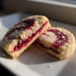 Two halves of a raspberry swirl cookies showing the bright red jam filling and coarse sugar topping.