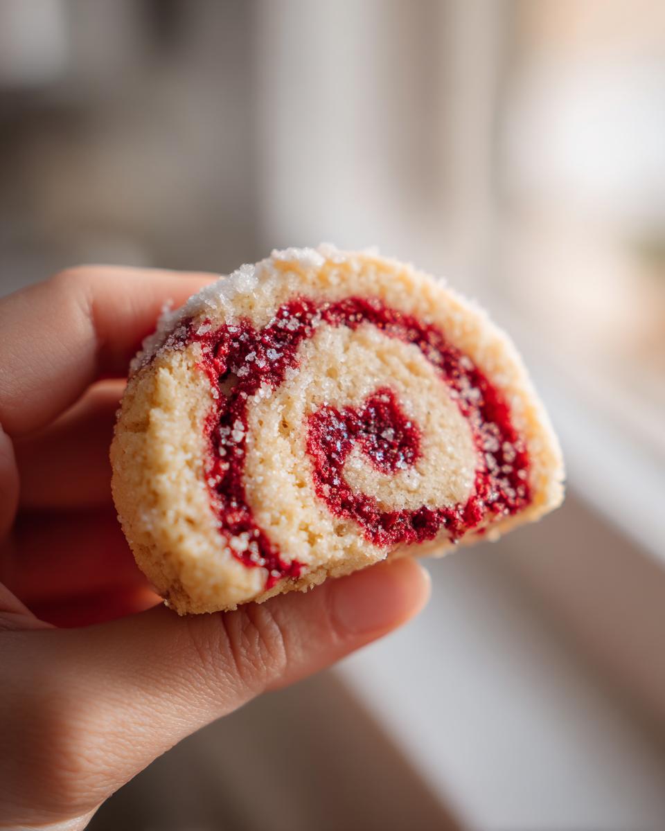 A hand holding a cross-section slice of a raspberry swirl cookies, showing a bright red jam swirl pattern and coated in sugar.