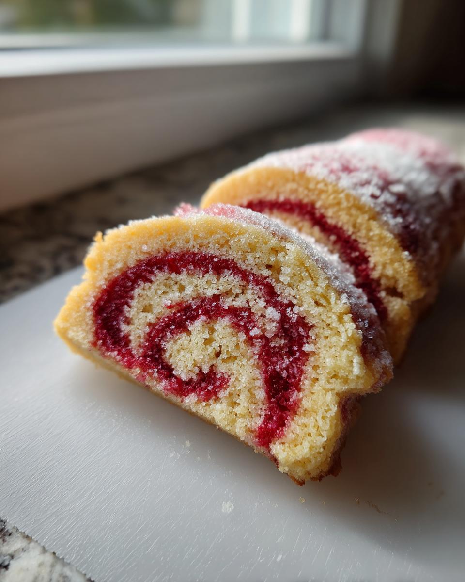 Close-up of two slices of raspberry swirl cookies showing the bright red raspberry filling swirled into the yellow cake base, dusted with sugar.