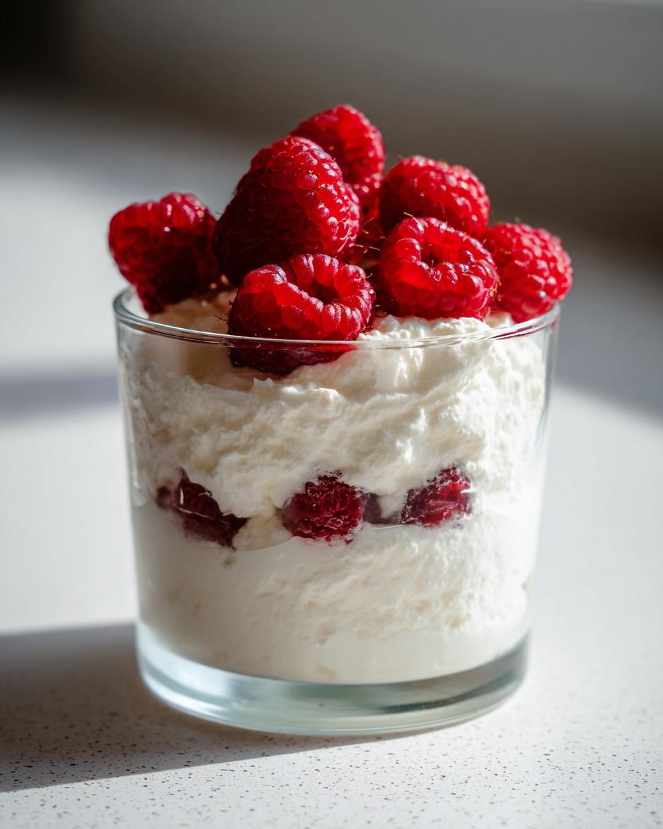 A glass filled with layers of creamy white high protein cheesecake fluff and fresh raspberries, topped with whole raspberries.