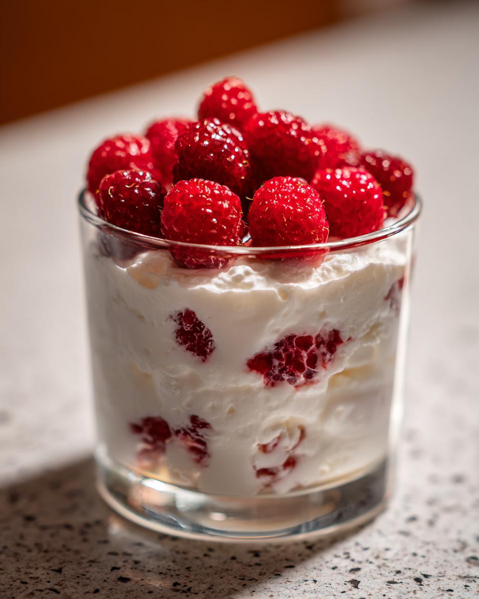 Close-up of high protein cheesecake fluff layered with raspberries, topped with fresh raspberries in a clear glass.
