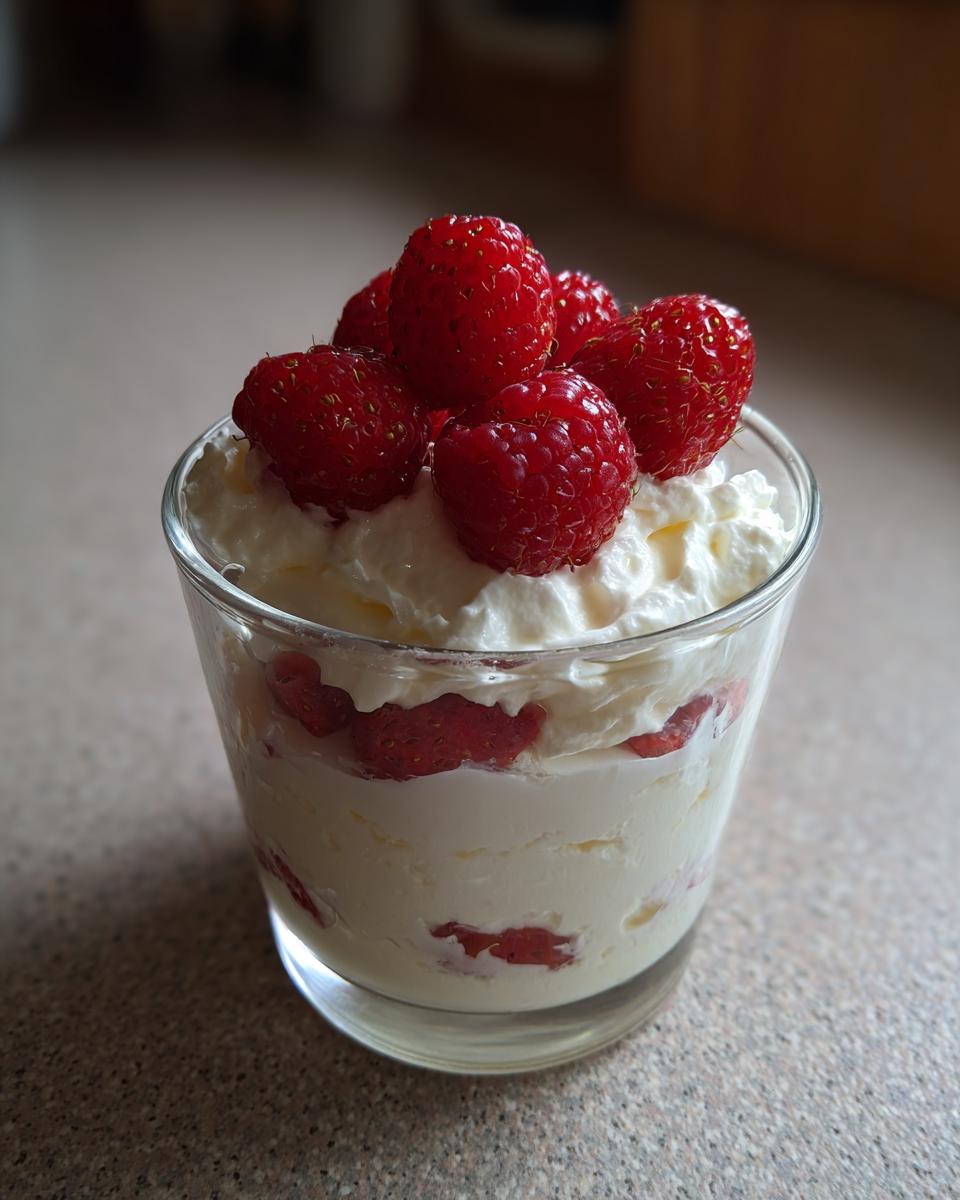 A glass layered with creamy high protein cheesecake fluff and raspberries, topped with fresh raspberries.