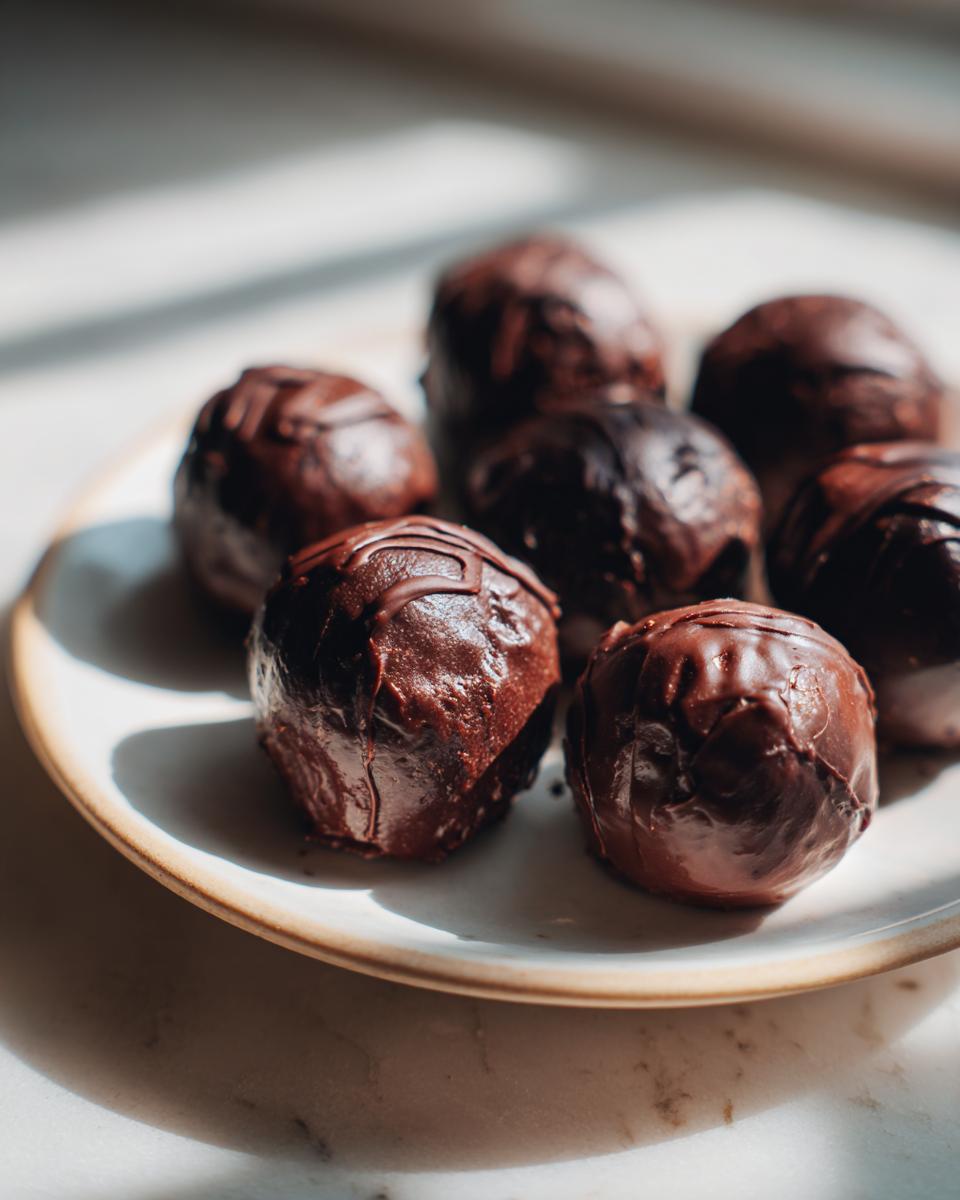 Several decadent, chocolate-coated oreo balls are arranged on a light-colored plate, catching bright sunlight.