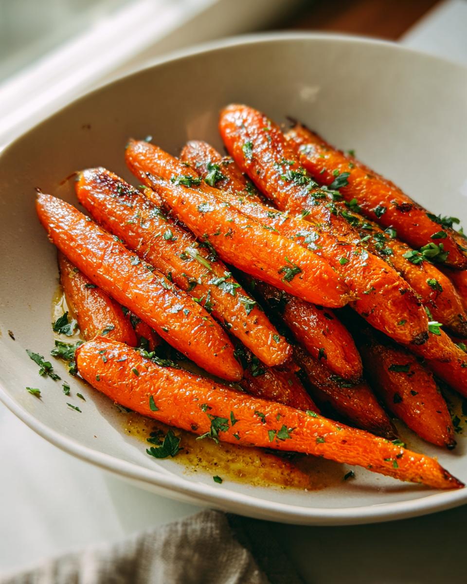 A close-up of glossy, roasted carrots coated in honey garlic butter and sprinkled with fresh parsley.