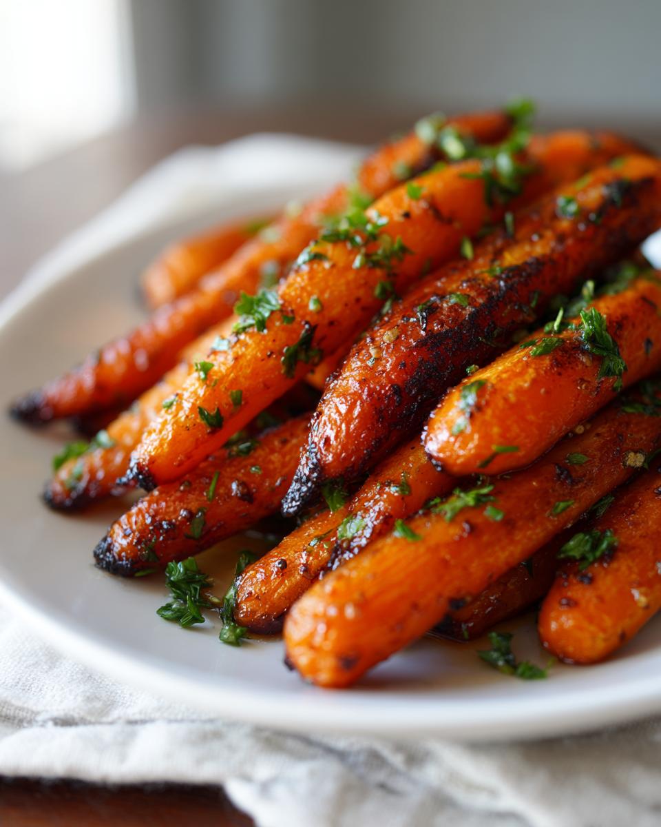 Close-up of perfectly glazed Roast Honey Garlic Butter Carrots sprinkled with fresh parsley on a white plate.