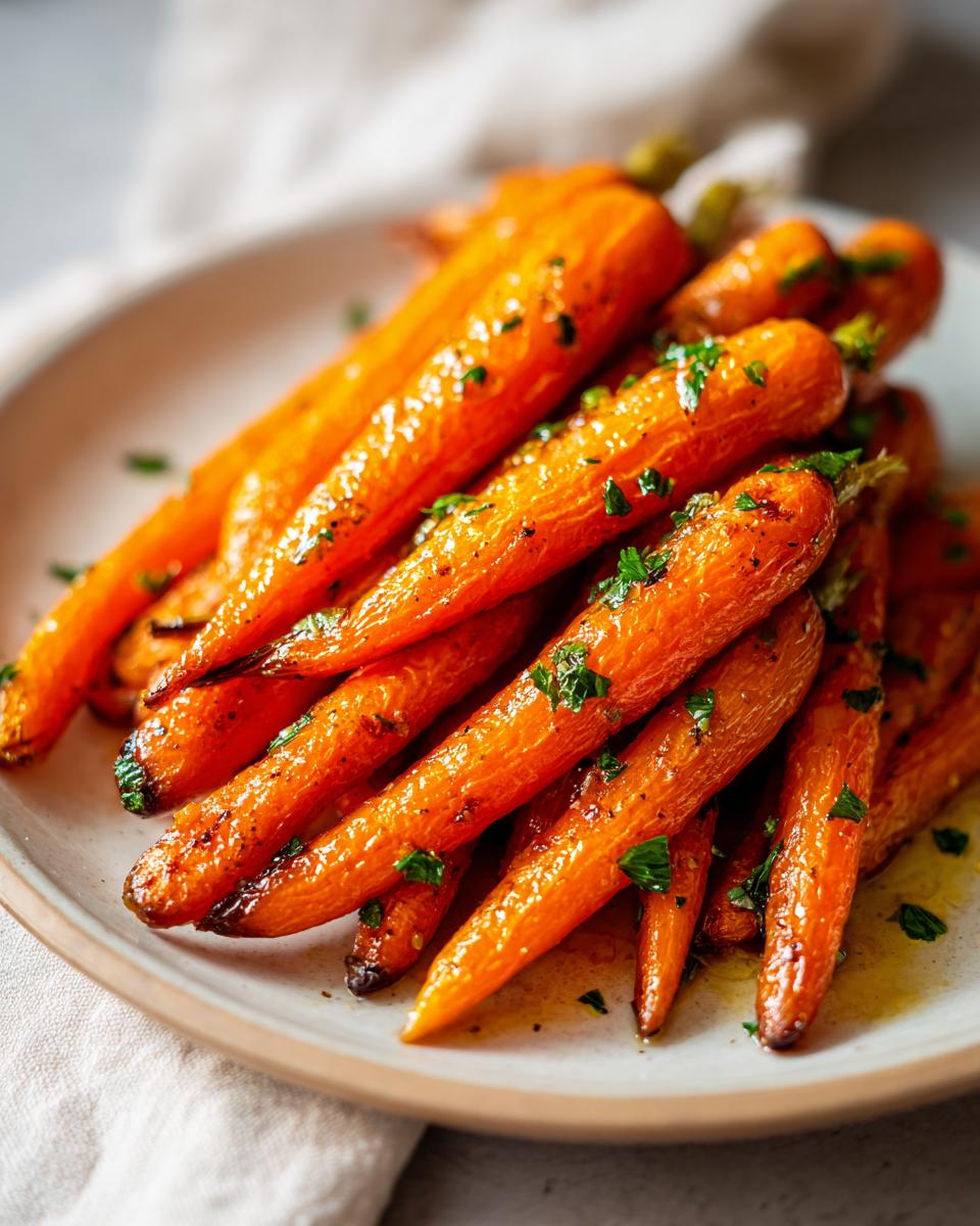 A close-up of glossy, glazed Roast Honey Garlic Butter Carrots sprinkled with fresh parsley on a light plate.