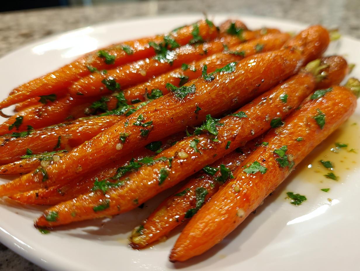 Close-up of glazed Roast Honey Garlic Butter Carrots sprinkled with fresh parsley on a white plate.