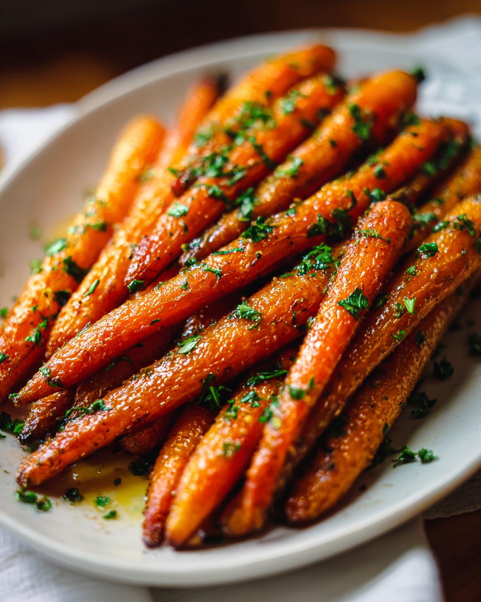 A close-up of perfectly glazed Roast Honey Garlic Butter Carrots, sprinkled with fresh parsley, served on a white platter.