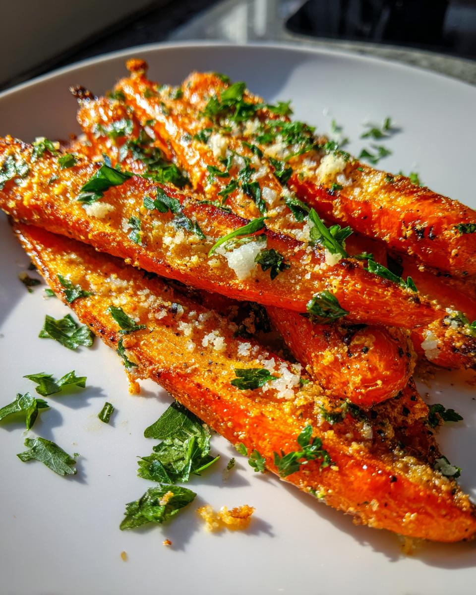 Close-up of bright orange Roasted Parmesan Garlic Carrots topped with grated cheese and fresh parsley.