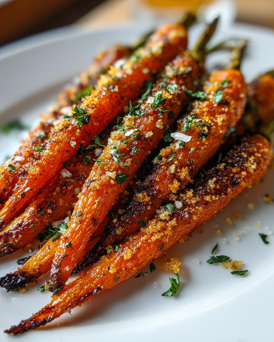 Close-up of perfectly Roasted Parmesan Garlic Carrots, glistening and topped with crispy brown bits and fresh parsley.