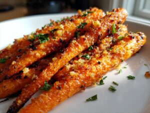 Close-up of perfectly Roasted Parmesan Garlic Carrots, caramelized and topped with herbs.