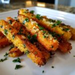 Close-up of perfectly Roasted Parmesan Garlic Carrots, crispy and topped with fresh parsley.