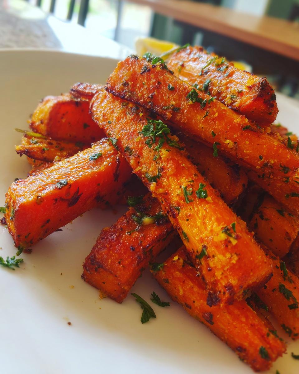 Close-up of perfectly cooked Roasted Parmesan Garlic Carrots seasoned with herbs.